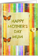 Happy Mother’s Day, Mum, stripes, butterfly hinges, heart button look! card