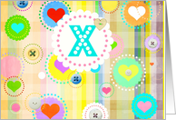 Monogram note card, ’X’, plaid pastels, hearts and buttons! card