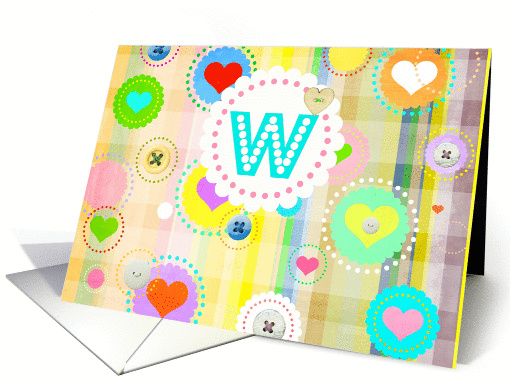 Monogram note card, 'W', plaid pastels, hearts and buttons! card