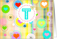 Monogram note card, ’T’, plaid pastels, hearts and buttons! card