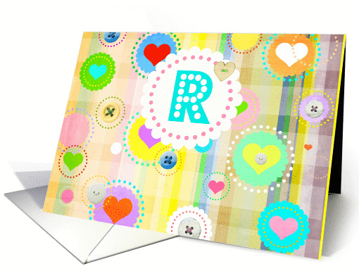 Monogram note card, 'R', plaid pastels, hearts and buttons! card