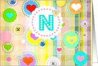 Monogram note card, ’N’, plaid pastels, hearts and buttons! card