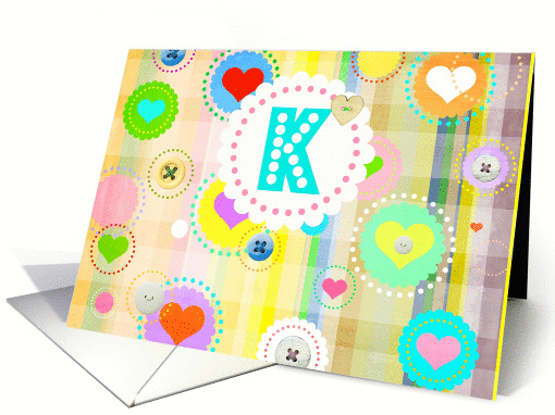 Monogram note card, 'K', plaid pastels, hearts and buttons! card
