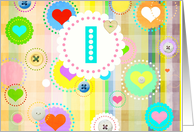 Monogram note card, ’I’, plaid pastels, hearts and buttons! card