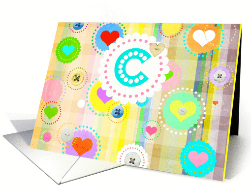 Monogram note card, 'C', plaid pastels, hearts and buttons! card