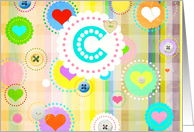 Monogram note card, ’C’, plaid pastels, hearts and buttons! card