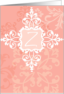 Monogram note card, ’Z’, vintage floral, medallion on pink! card