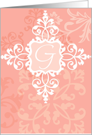 Monogram note card, ’G’, vintage floral, medallion on pink! card