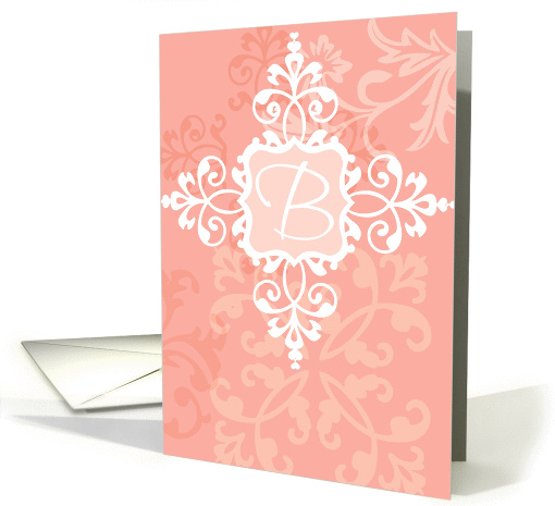 Monogram note card, 'B', vintage floral, medallion on pink! card
