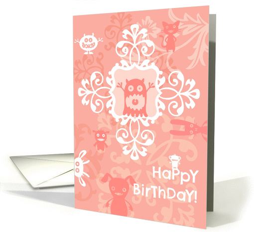 Happy Birthday from the gang, vintage floral, medallion on pink! card