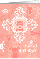Happy Birthday wild and crazy girl, vintage floral, medallion on pink! card