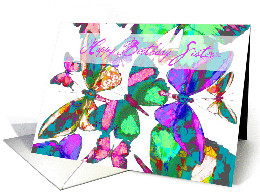 Happy Birthday Sister, butterflies in flight of jewel colors! card