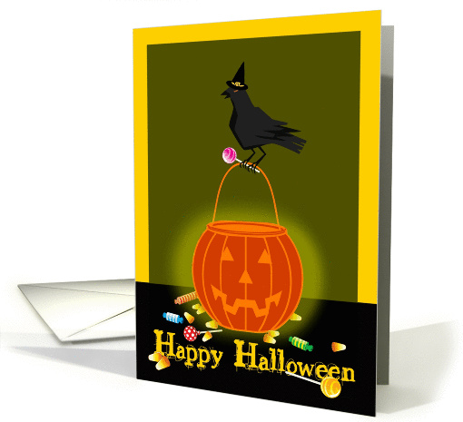 Adult Halloween Brightly Lit Pumpkin Face with Crow & Goodies! card