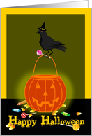 Adult Halloween Brightly Lit Pumpkin Face with Crow & Goodies! card