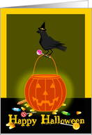 Halloween Party Invitation with Lit Pumpkin Face with Crow & Goodies! card
