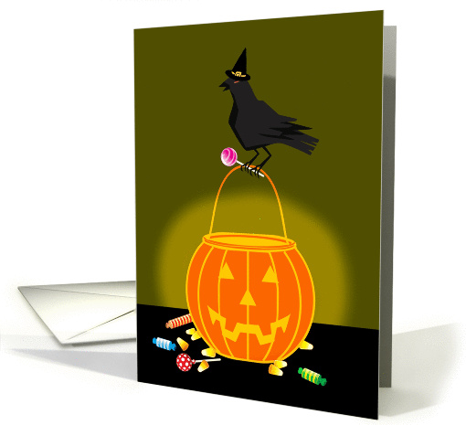 Halloween Lit Pumpkin Face with old Crow & Goodies! card (944733)