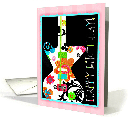Happy Birthday, Bright Floral Guitar on Pink Striped Border! card