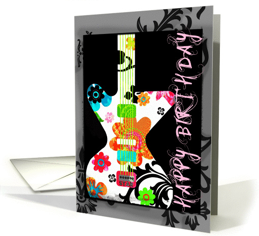Happy Birthday, Bright Floral Guitar on Grunge Border!! card (950416)