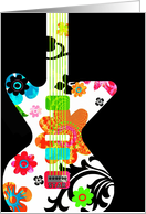 Bright Floral Guitar on Black Border, Blank Note Card! card