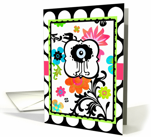 'Eye Miss You' Bright Tropical Floral on Polka Dot Border!! card