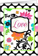 ’Love’ Blank Note Card Bright Tropical Floral on Polka Dot Border!! card