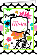 ’Merci’, French Thank You, Bright Tropical Floral on Polka Dots, Blank Note Card