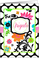 ’Arigato’, Japanese Thank You, Bright Tropical Floral on Polka Dots, blank note card