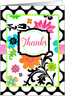 ’Thanks’ , Bright Tropical Floral on Polka Dots Blank Note Card