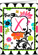 Bright Tropical Floral ’X’ Monogram Note Card on polka dots! card