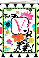 Bright Tropical Floral ’V’ Monogram Note Card on polka dots! card