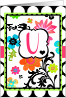Bright Tropical Floral ’U’ Monogram Note Card on polka dots! card