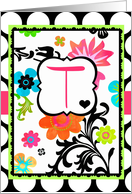 Bright Tropical Floral ’T’ Monogram Note Card on polka dots! card