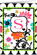 Bright Tropical Floral ’S’ Monogram Note Card on polka dots! card