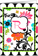 Bright Tropical Floral ’R’ Monogram Note Card on polka dots! card