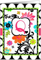 Bright Tropical Floral ’Q’ Monogram Note Card on polka dots! card