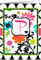 Bright Tropical Floral ’P’ Monogram Note Card on polka dots! card