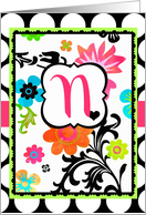 ’N’ Monogram, Bright Tropical Floral Blank Note Card on polka dots! card