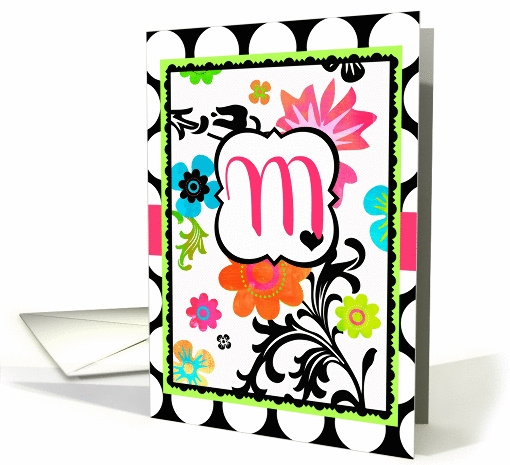 'M' Monogram, Bright Tropical Flora Note Card on polka dots! card