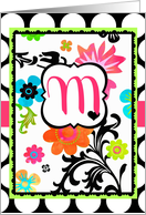 ’M’ Monogram, Bright Tropical Flora Note Card on polka dots! card