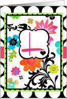 ’L’ Monogram, bright Tropical Floral Note Card on polka dots! card