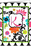 ’K’ Monogram, Bright Tropical Floral Note Card on polka dots! card