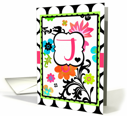 'J' Monogram Note Card, Bright Tropical Floral on polka dots! card