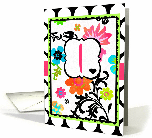 'I' Monogram Note Card, Bright Tropical Floral on polka dots! card