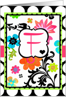 ’F’ Monogram Note Card, Bright Tropical Floral on polka dots! card
