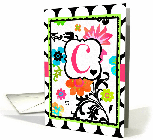 'C' Monogram Note Card, Bright Tropical Floral on polka dots! card