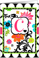 ’C’ Monogram Note Card, Bright Tropical Floral on polka dots! card
