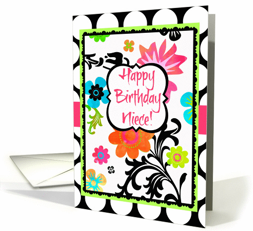 Happy Birthday Niece, Bright Tropical Floral on polka dots! card