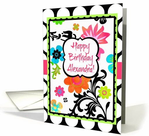 Happy Birthday Alexandra, Bright Tropical Floral on polka dots! card