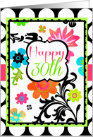 Happy 30th Birthday, Bright Tropical Floral on polka dots! card