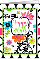Happy 40th Birthday, Bright Tropical Floral on polka dots! card